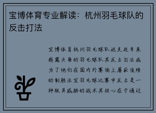 宝博体育专业解读：杭州羽毛球队的反击打法